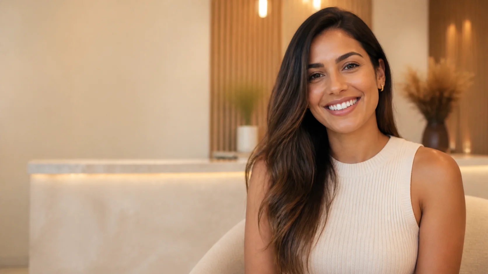 Mulher sorrindo, sentada em um ambiente claro e acolhedor de recepção odontológica.
